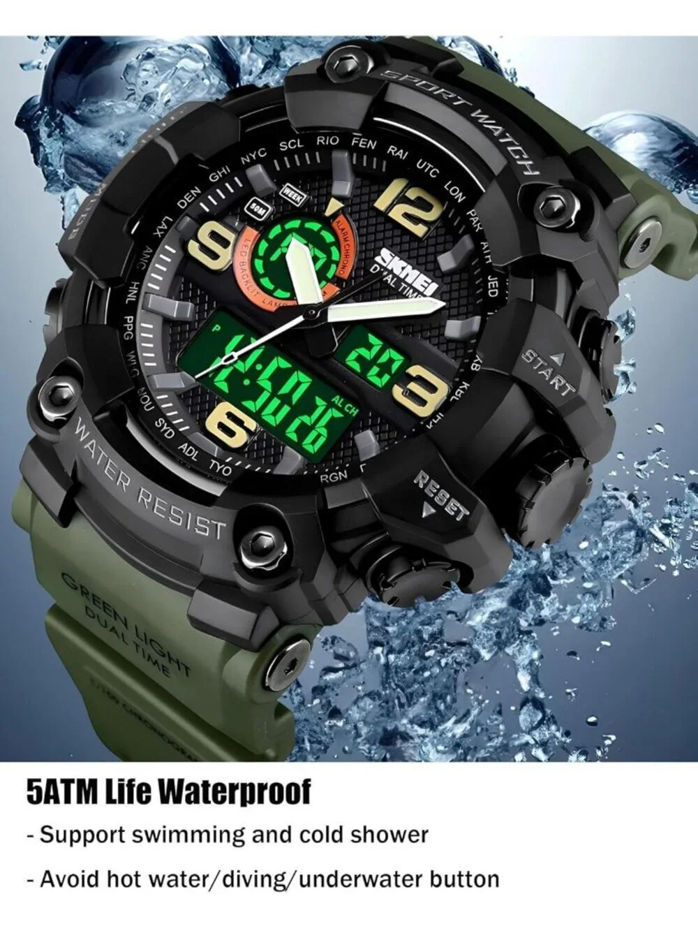 Men Army&Green Analog Quartz S-Shock Waterproof Outdoor Sports LED Digital Watch